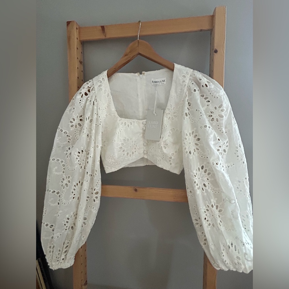 NWT Sabo Luxe Valencia White Eyelet Lantern Sleeve Crop Top Size S US 4 Aus 8